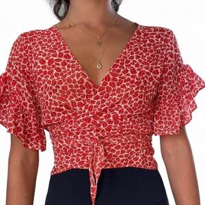 L'ATISTE Red and White Floral Wrap Crop Top